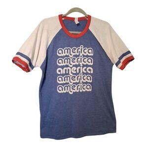 AMERICA Jersey Style Short Sleeve Womens Red White Blue Cotton TShirt Sz L‎ READ